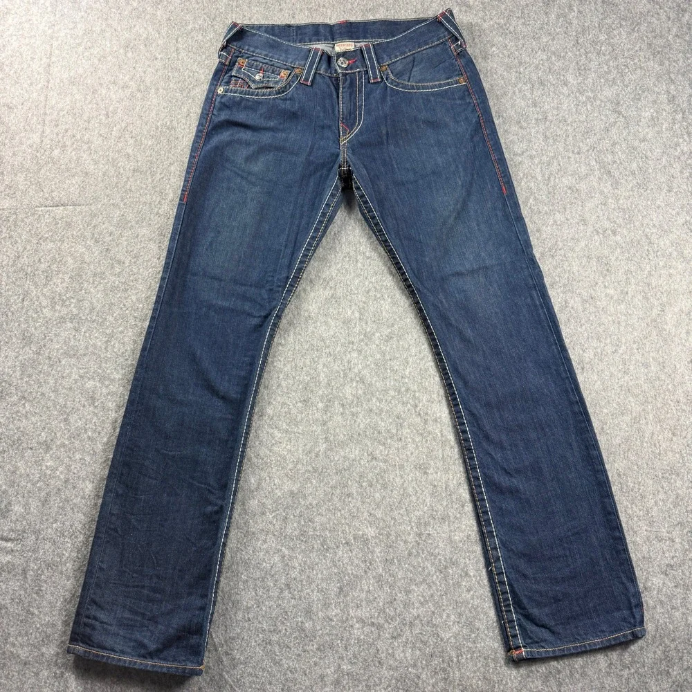 True Religion Mens 32x33 RICKY Flap Big T Straight‎ Leg Jeans Dark Wash USA Y2K